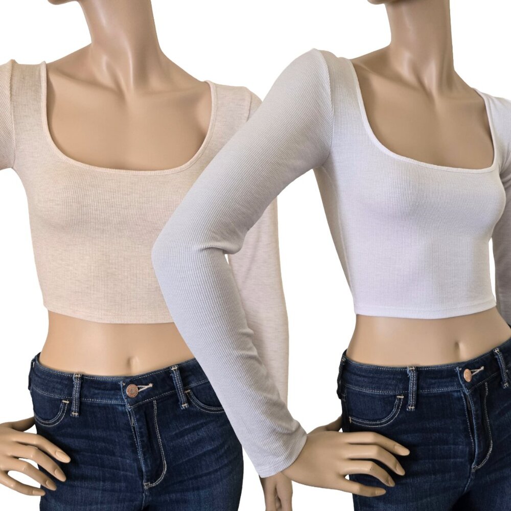 Bo+Tee Ribbed Long Sleeve Cropped Top SZ S Oatmeal & White 2 pc
